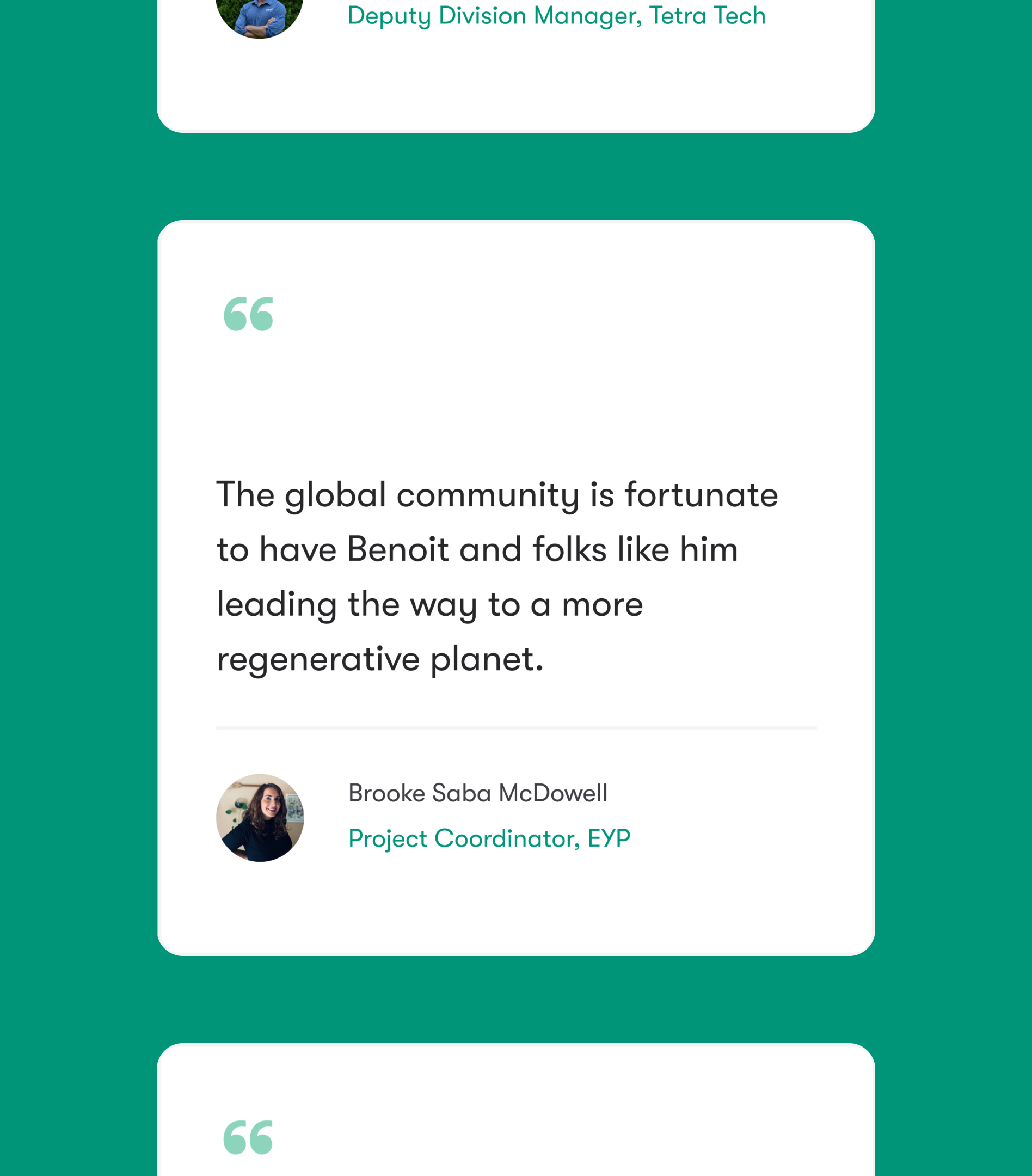 Testimonial about Benoît Clément that says, “The global community is fortunate to have Benoit and folks like him leading the way to a more regenerative planet.”