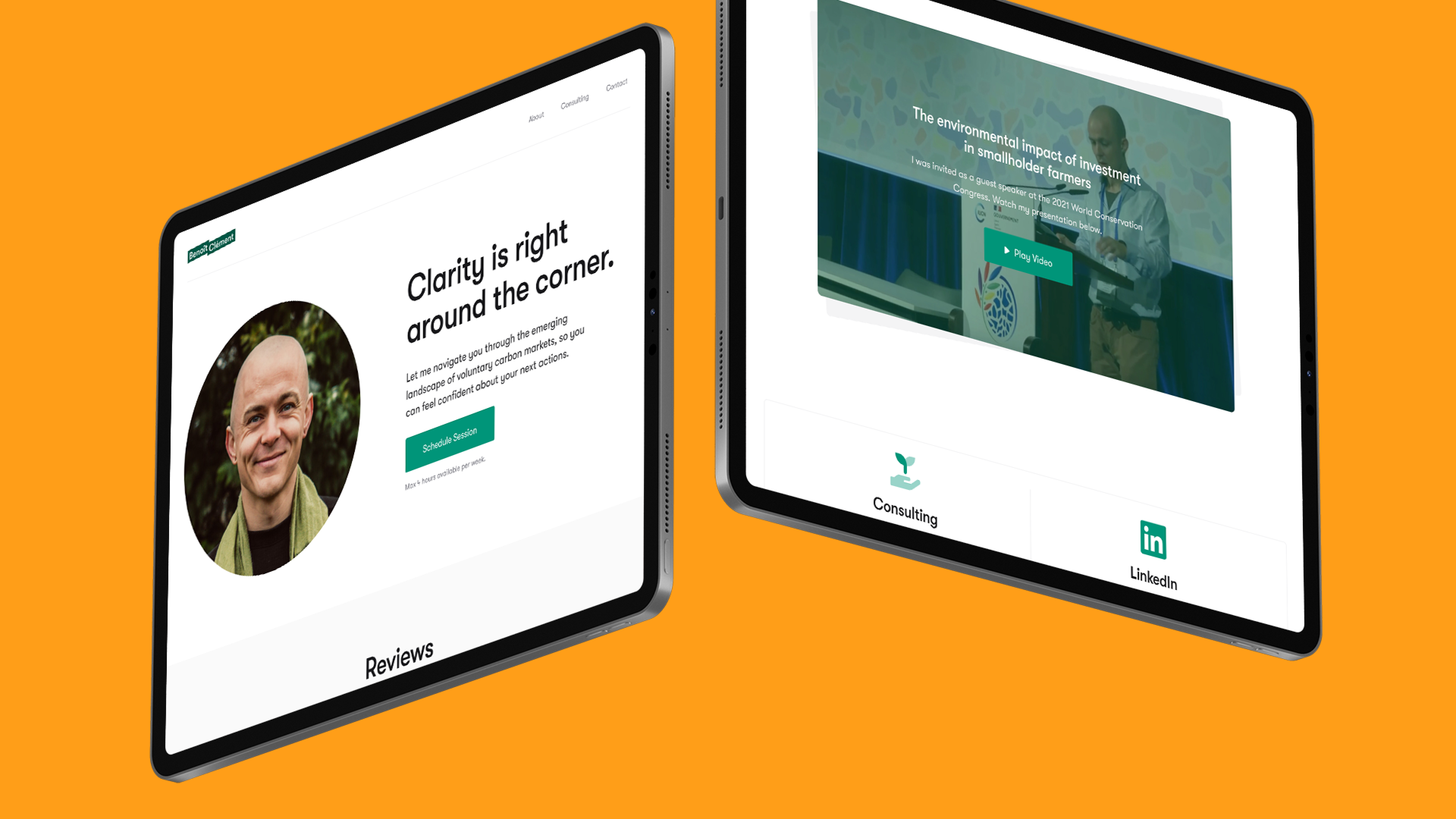 Two iPad Pros floating in the air, showing different pages of Benoît Clément’s website.