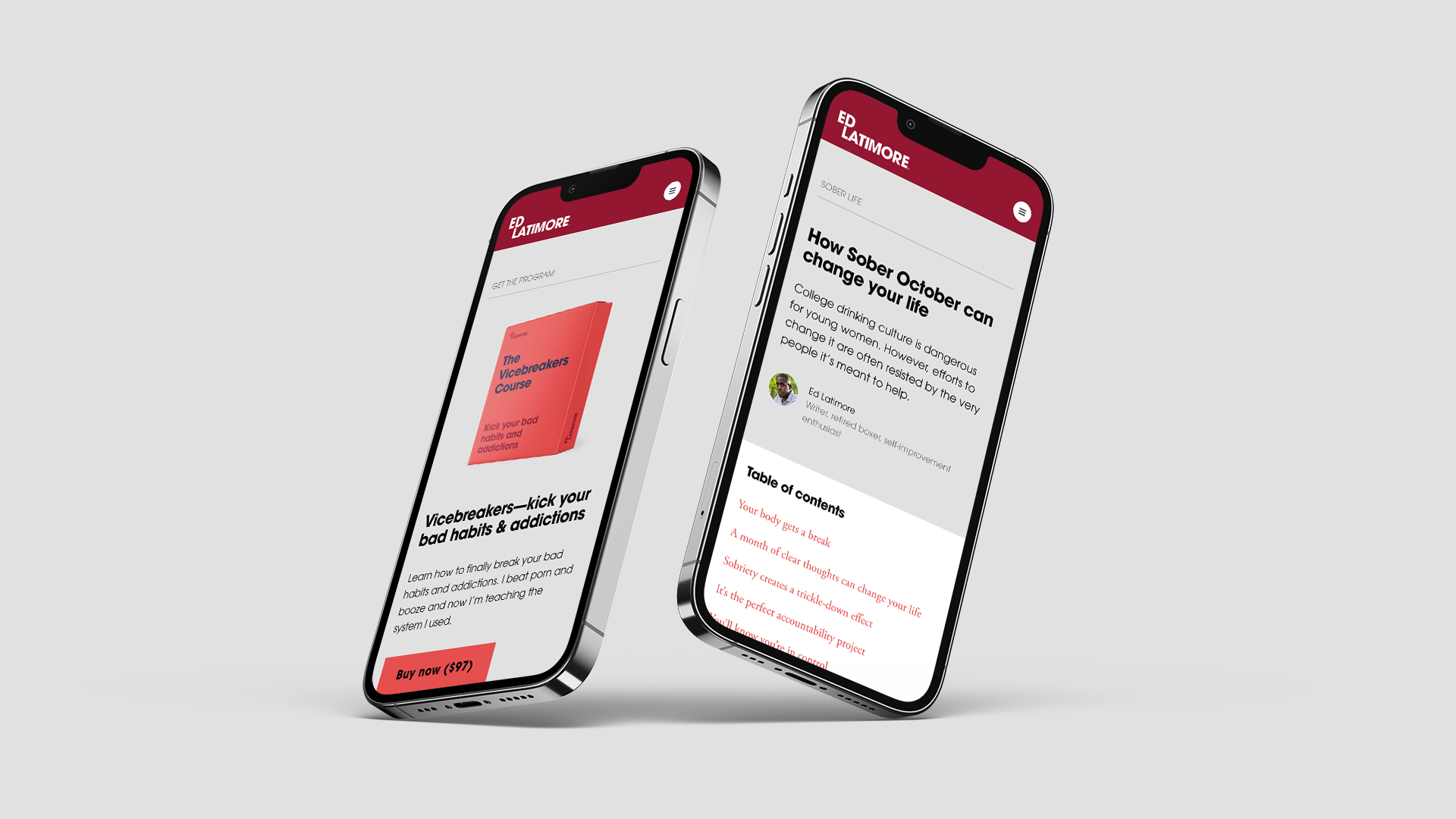 iPhone devices showing a product page and a blog post page from Ed Latimore's website