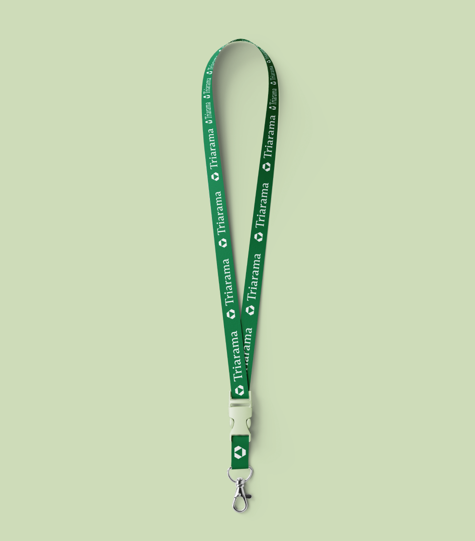 Green lanyard with Triarama’s logo printed along the cord.