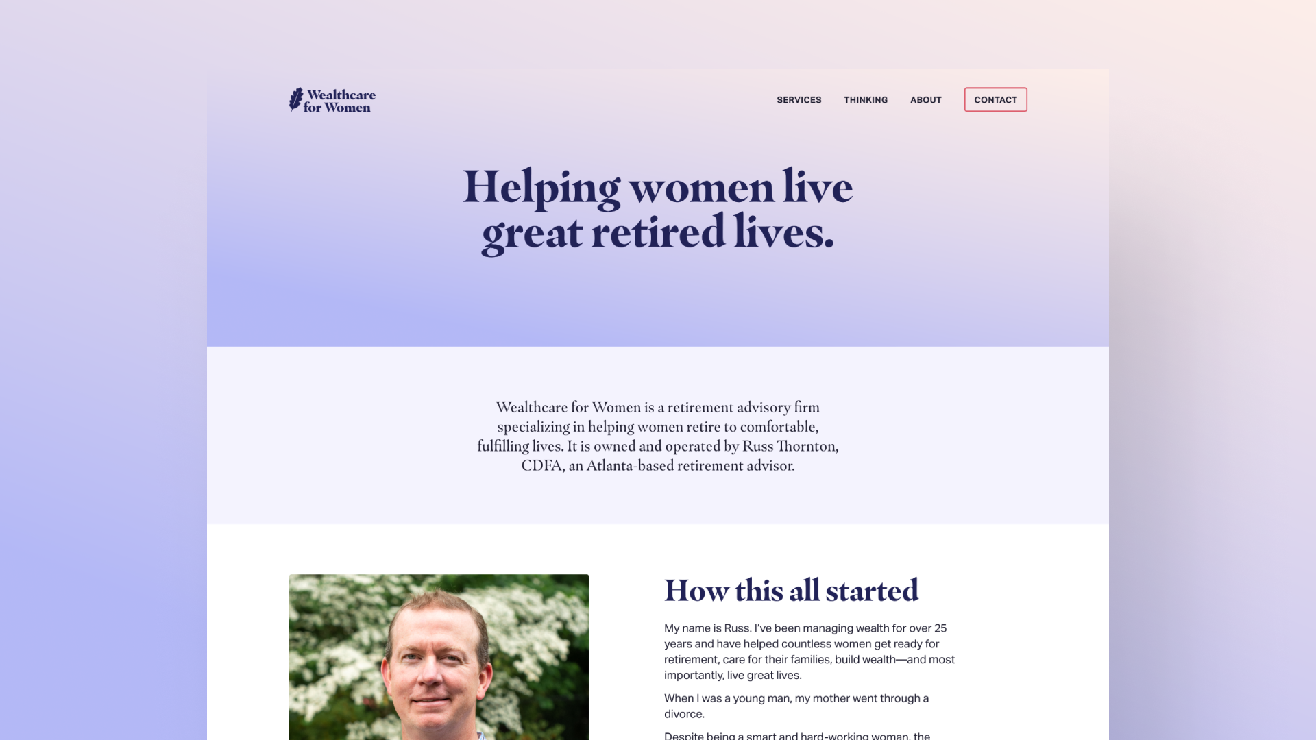 Screenshot of the above-the-fold section of Wealthcare for Women's “About” page