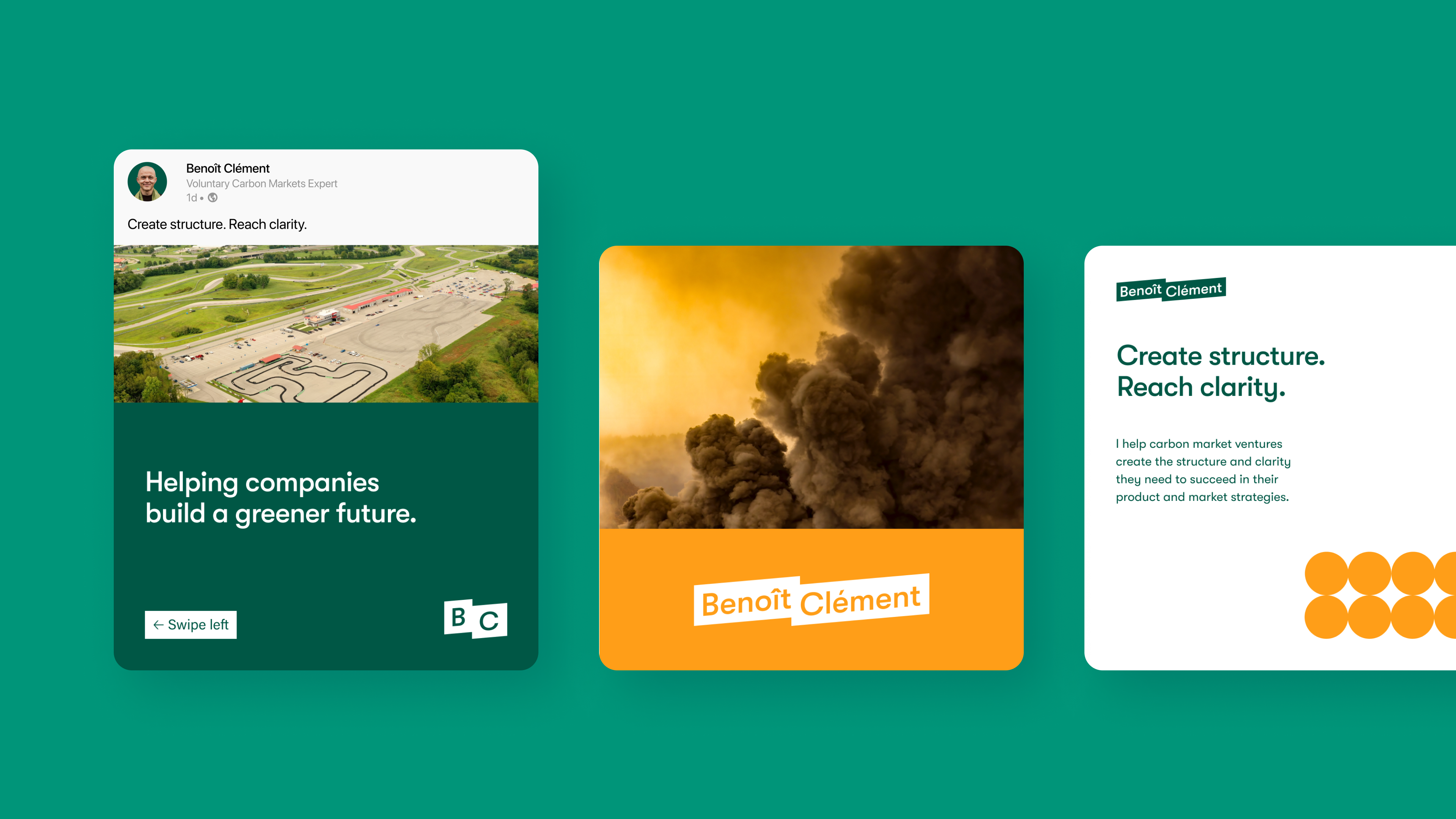 Three square images designed for LinkedIn, with messages like "Helping companies build a greener future" and "Create structure. Reach clarity."