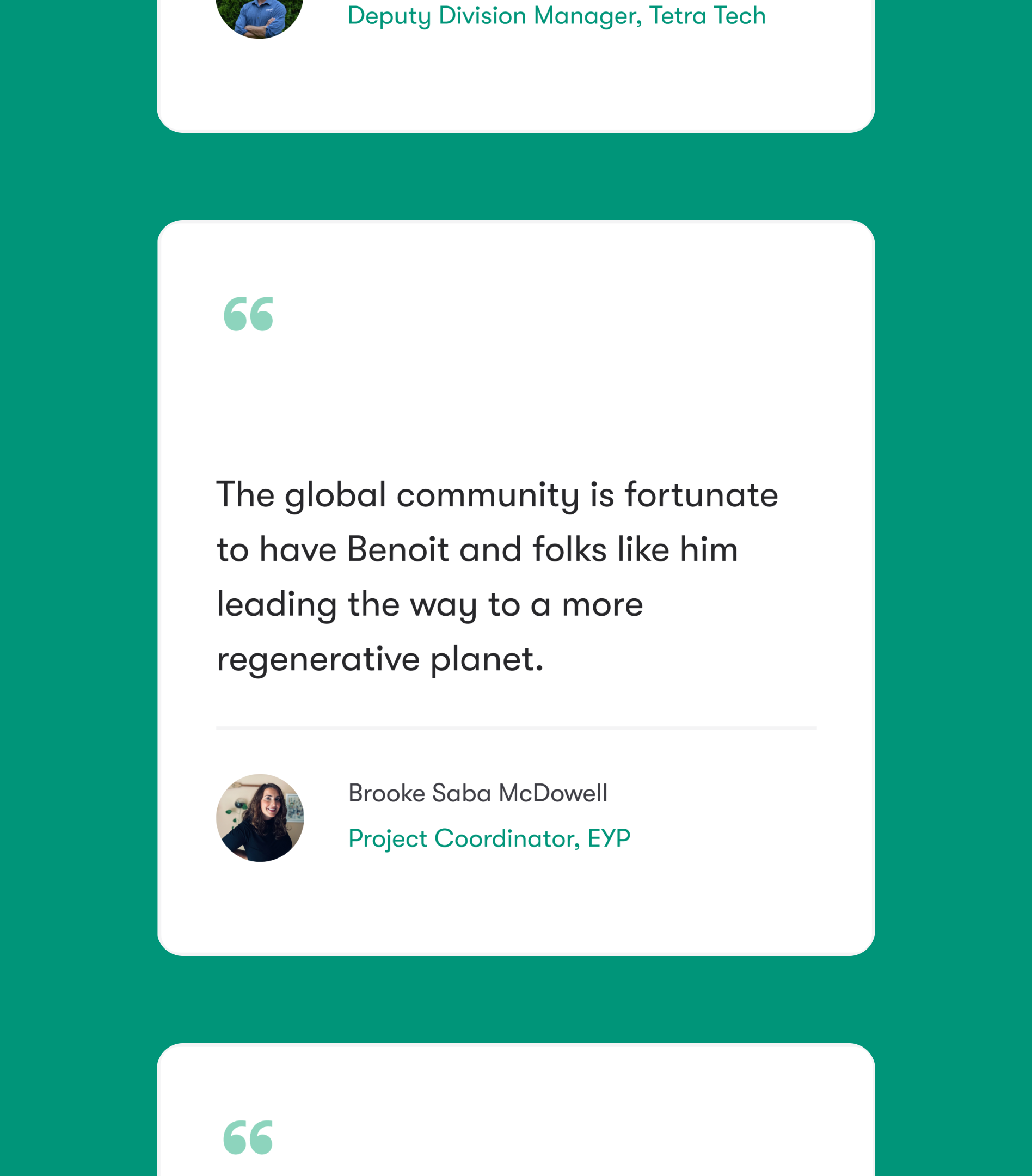 Testimonial about Benoît Clément that says, "The global community is fortunate to have Benoit and folks like him leading the way to a more regenerative planet."