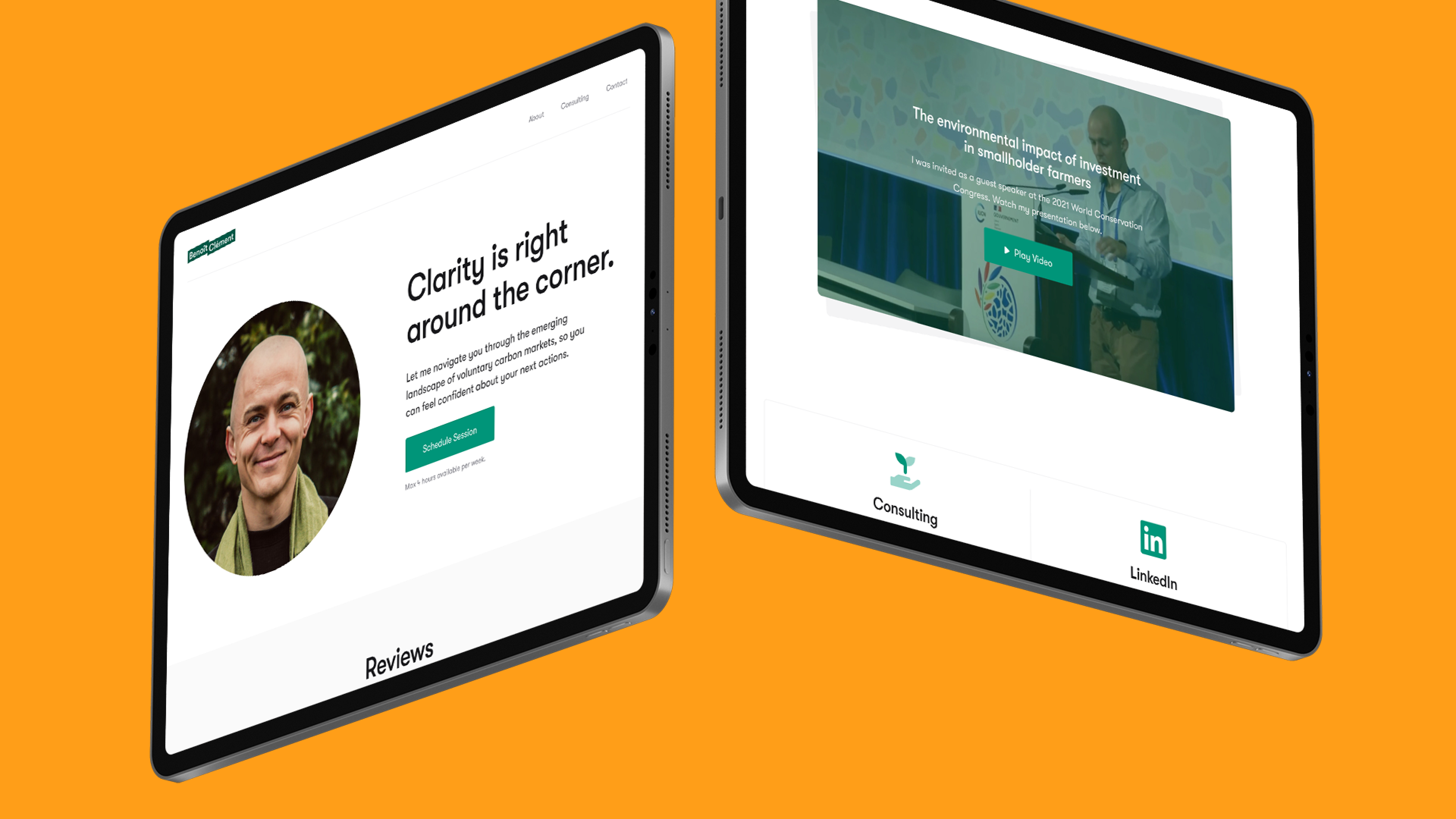 Two iPad Pros floating in the air, showing different pages of Benoît Clément's website.