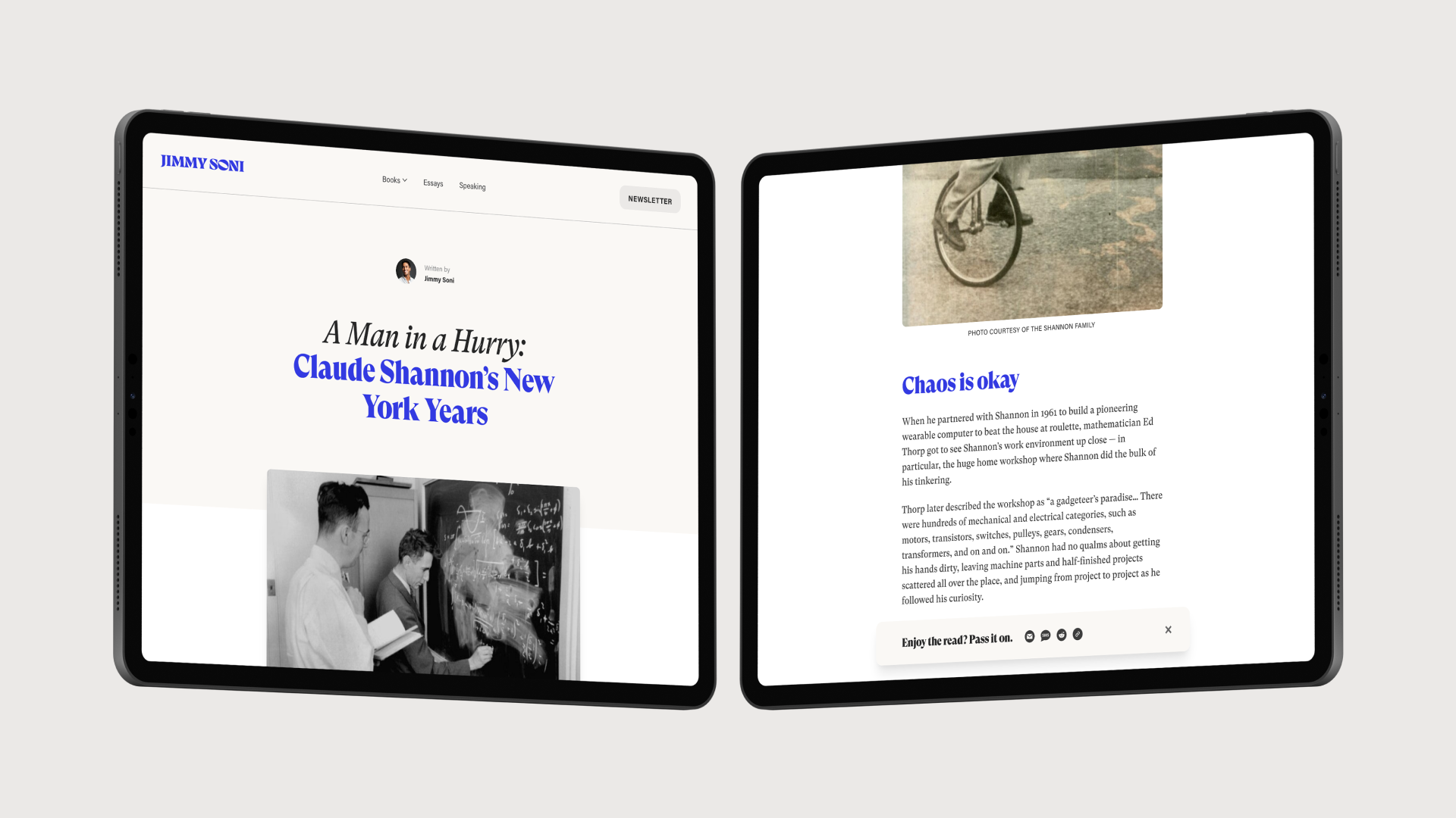 Blog post iPads showing sections of a blog post about Claude Shannon
