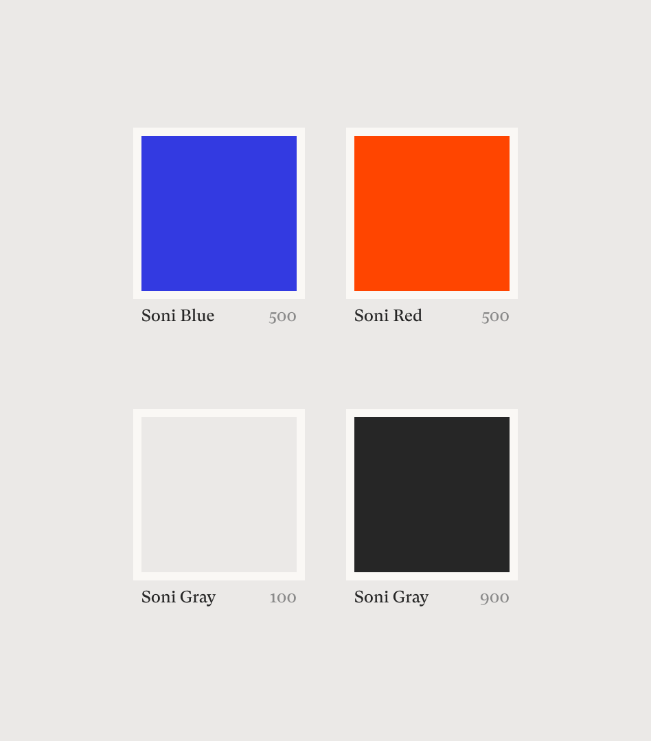 Brand colors Image displaying Jimmy Soni's main brand colors; blue, red, off-white, and off-black.