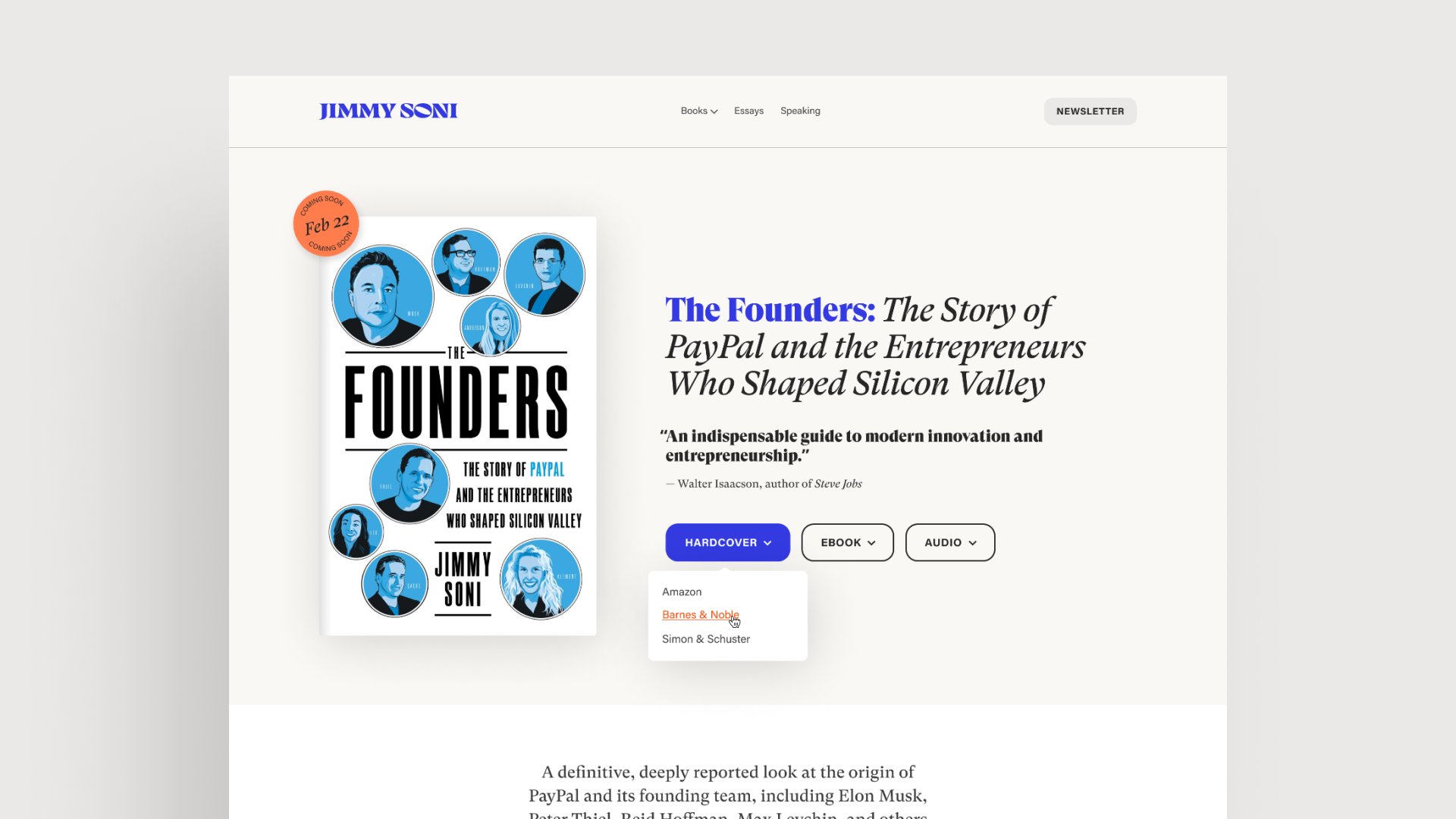 Book page Screenshot of the above-the-fold section of the web page showcasing Jimmy Soni's book, "The Founders"