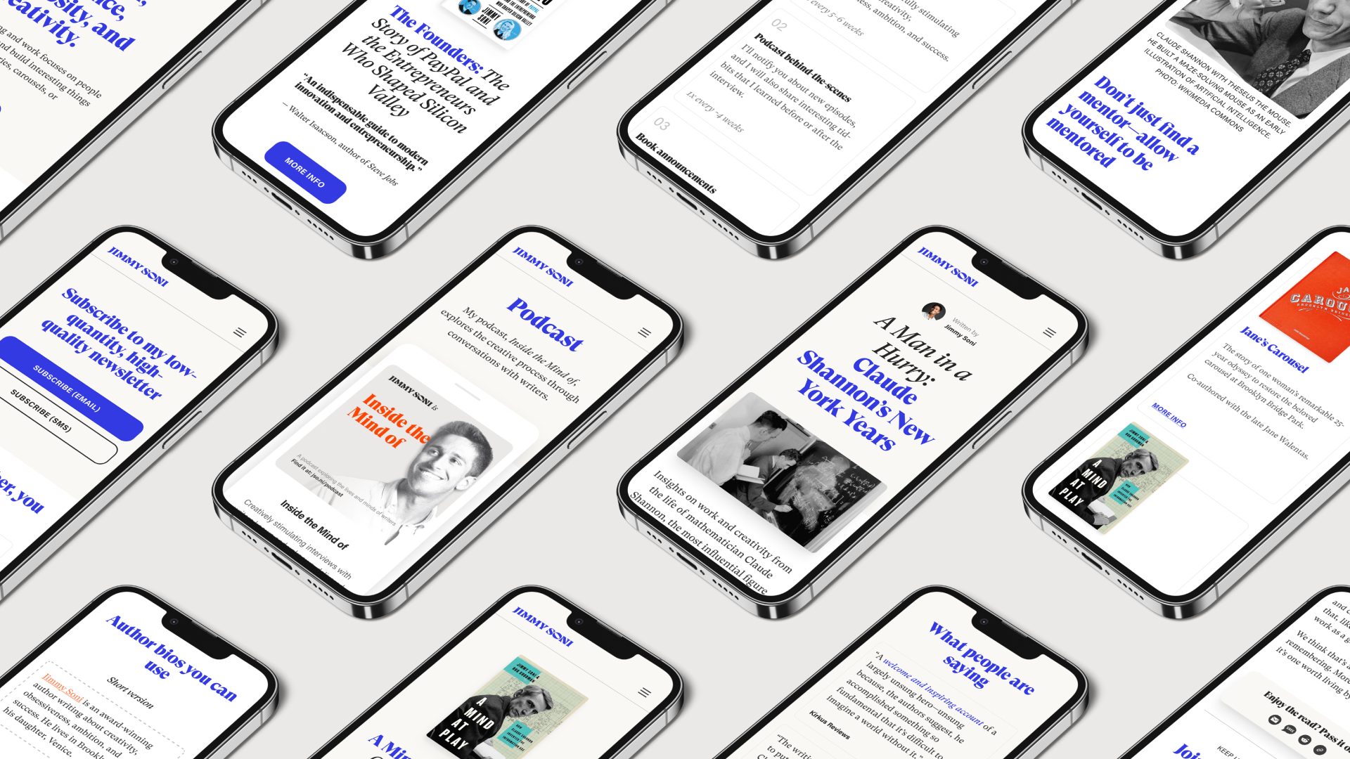 Website iPhones showcasing different pages of Jimmy Soni's website