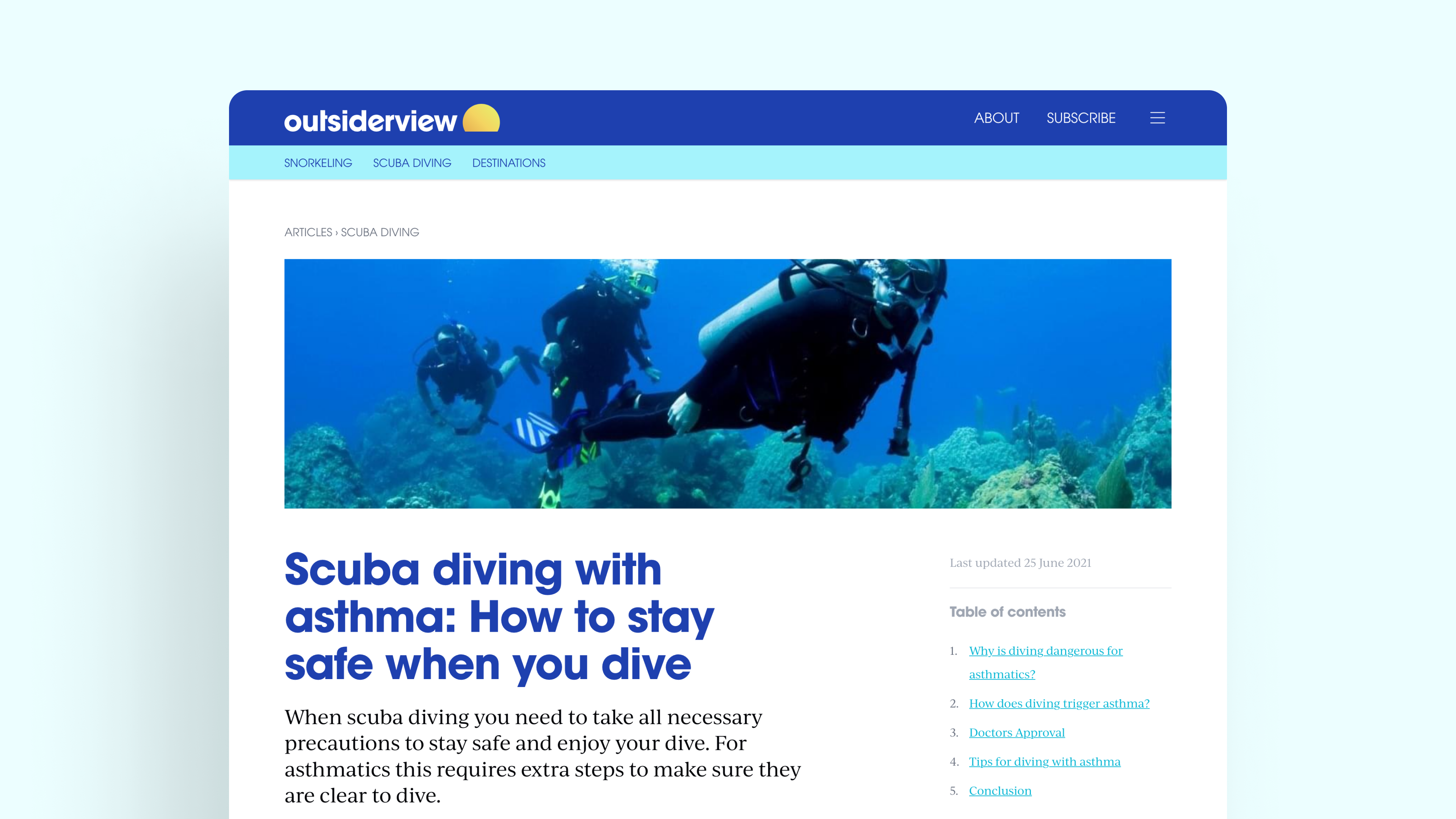 Screenshot of the above-the-fold section of a blog post titled, "Scuba diving with asthma - How to stay safe when you dive."