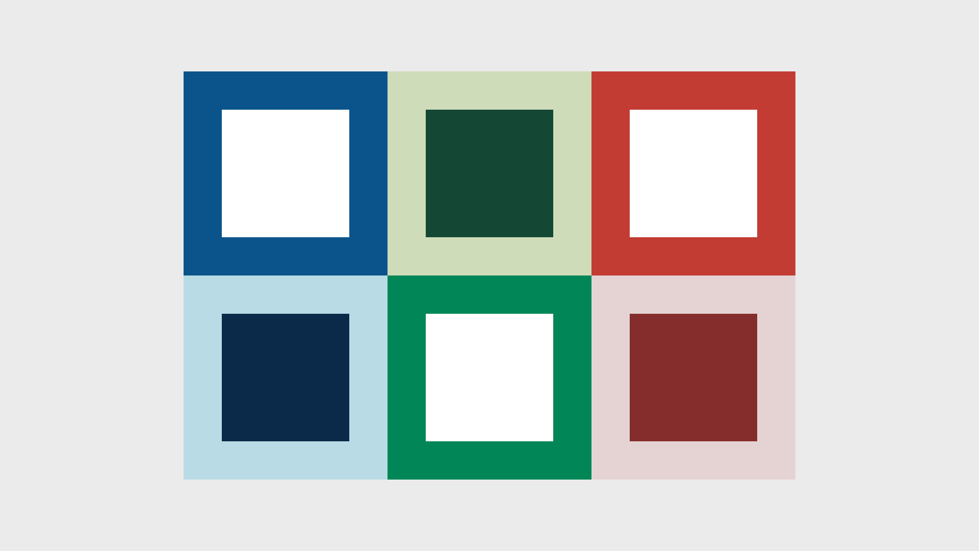 A grid of brand color combinations. Triarama's brand colors are blue, green, and red, and each color is used in conjunction with white or a different shade of itself.