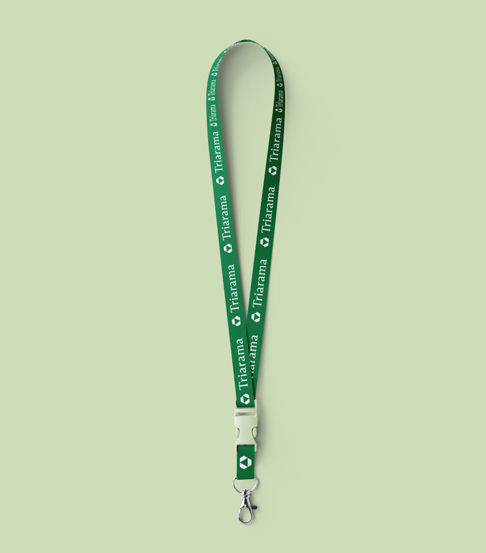 Green lanyard with Triarama's logo printed along the cord.
