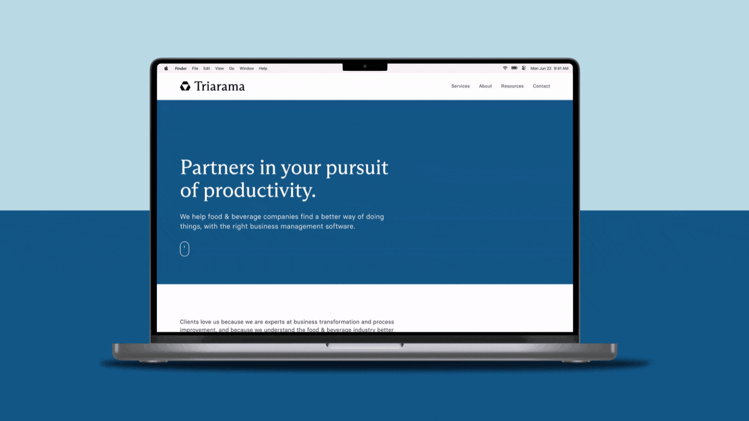 Animated GIF scrolling through Triarama's home page inside a MacBook Pro