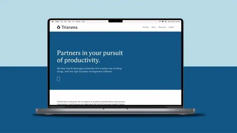 Animated GIF scrolling through Triarama's home page inside a MacBook Pro