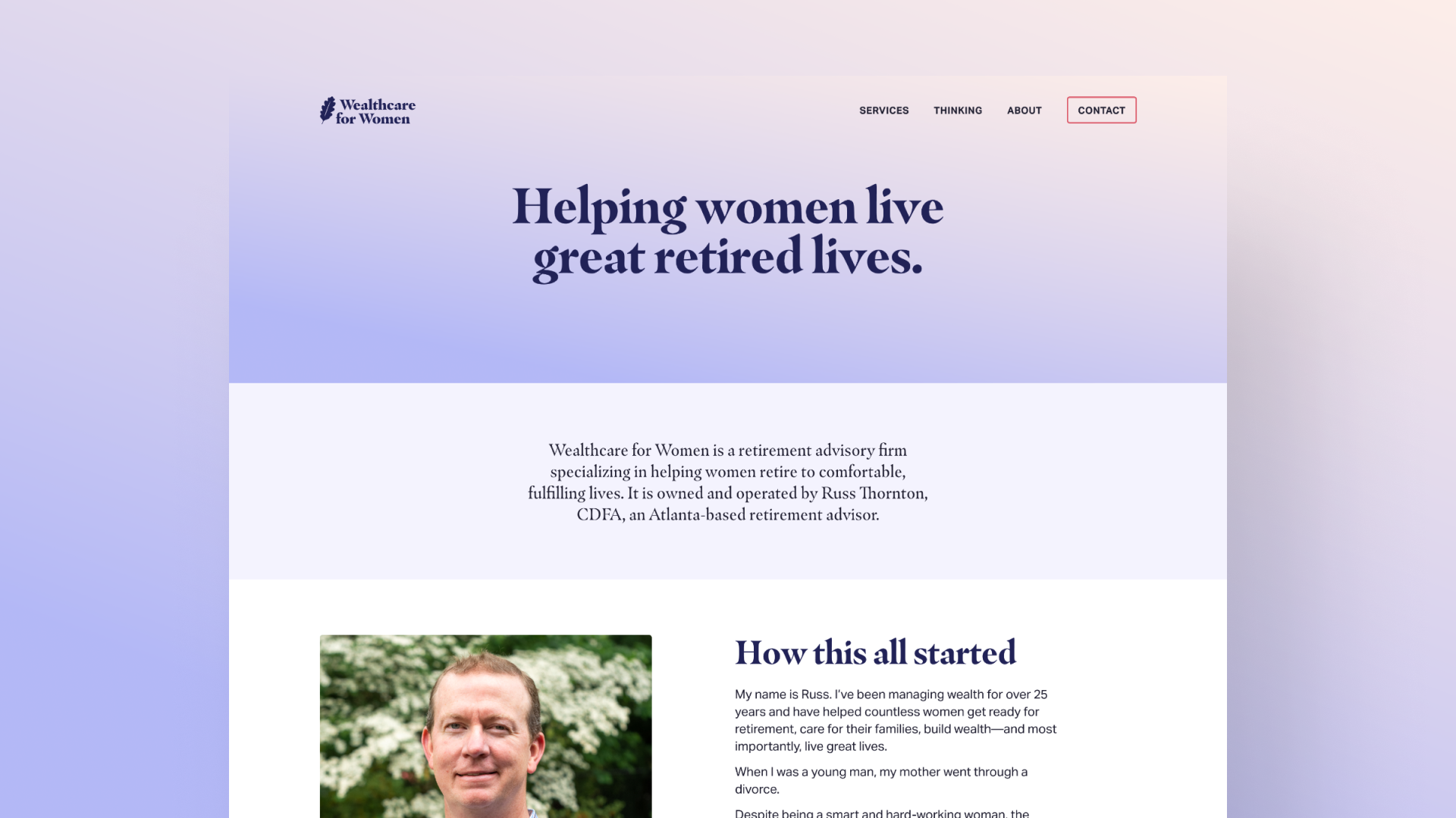 Screenshot of the above-the-fold section of Wealthcare for Women's "About" page